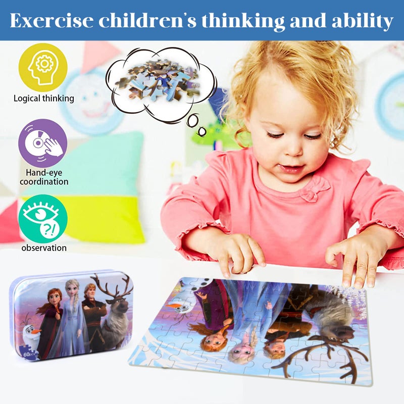 MZZOTOY ألغاز MZZOTOY للأطفال من عمر 4 إلى 8 سنوات 60 قطعة ألغاز للأطفال من عمر 3 إلى 5 سنوات في صندوق معدني للفتيات والفتيان تعلم هدايا ألعاب ألغاز الصور المقطوعة التعليمية - Image 3